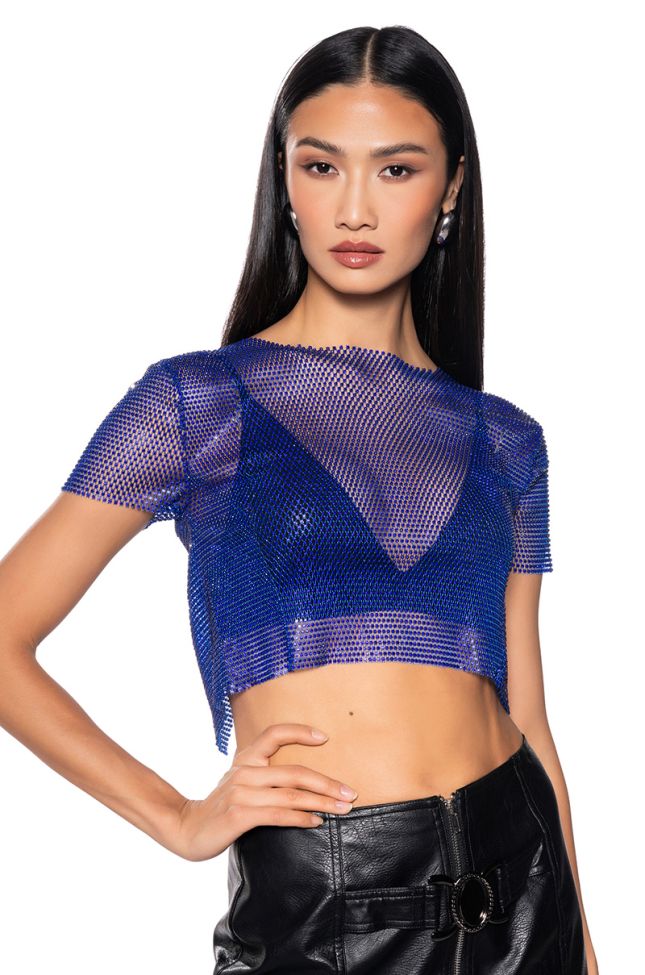 Front View Silent Moves Open Back Rhinestone Top In Royal Blue
