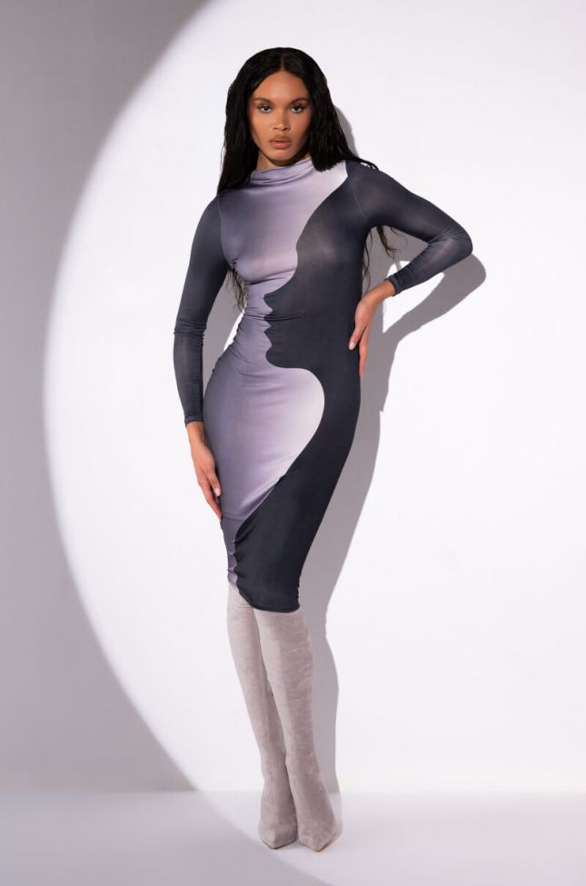 Front View Silhouette Mock Neck Long Sleeve Midi Dress