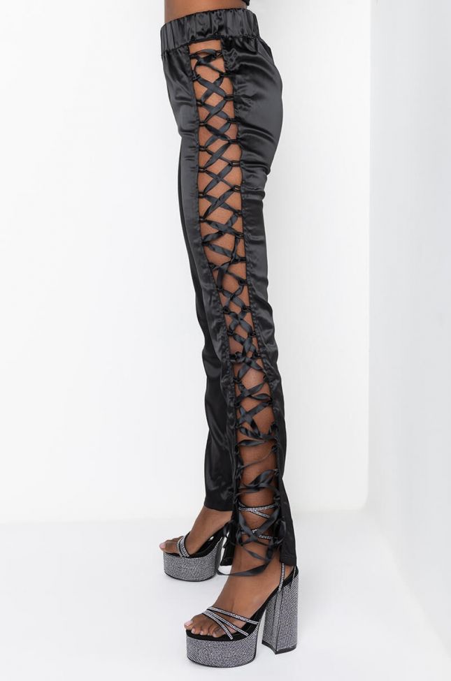 Side View Silky Smooth Satin Lace Up Pant