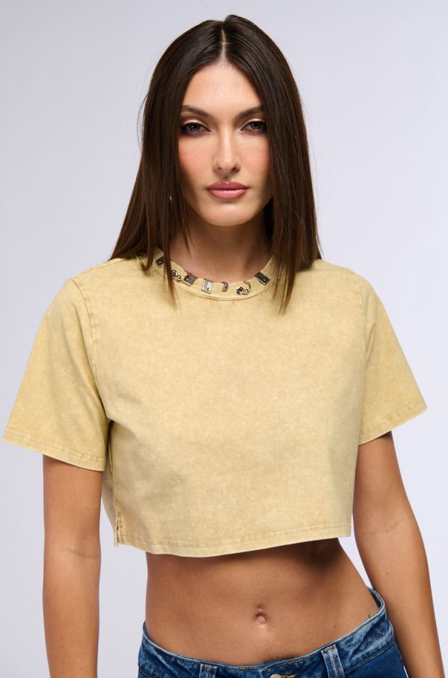 Front View Simple And Cute Embellished Neckline Shirt In Light Brown