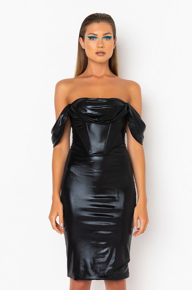 Front View Simply That Bitch Off The Shoulder Midi Dress in Black