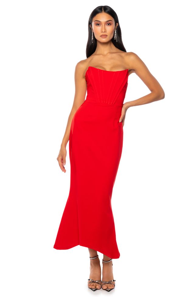 Front View Siren Corset Strapless Mermaid Midi Dress In Red