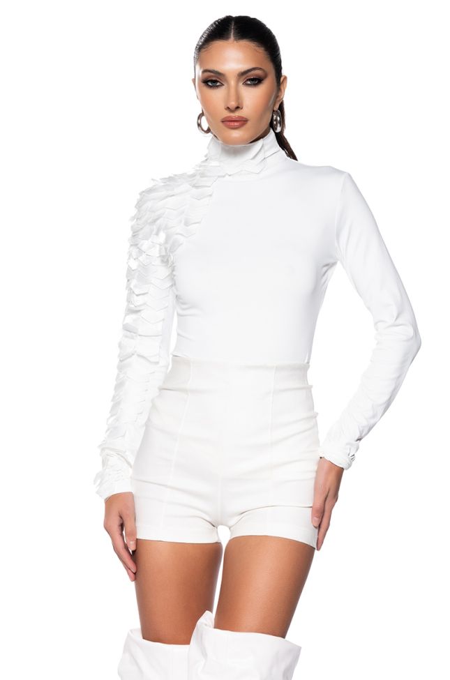 Front View Skip A Beat Long Sleeve Mock Neck Organza Scale Top
