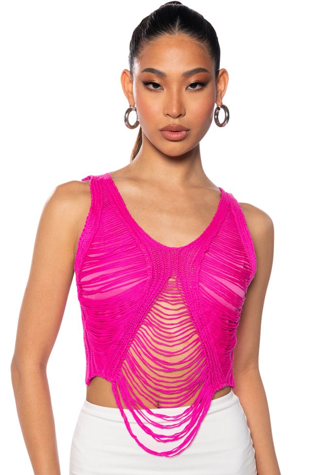 Front View Slay Sleeveless Shredded Knit Crop Top In Fuchsia