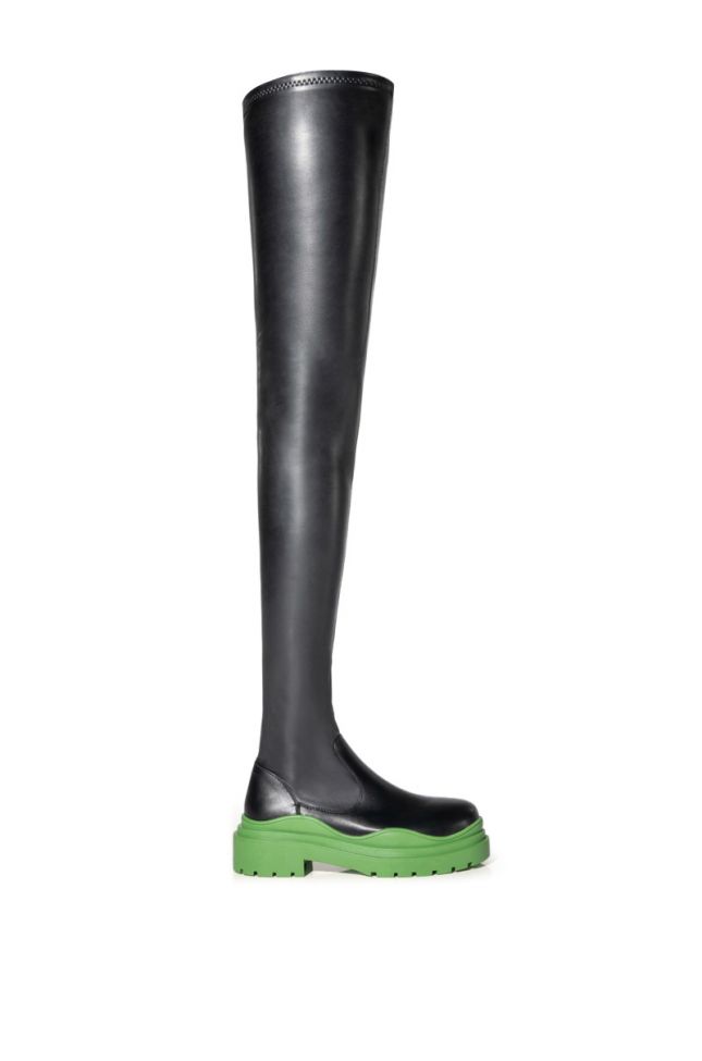 Side View **slim Fit** Azalea Wang You Know You Love It Thigh High Stretch Flatform Boot With 4 Way Stretch In Green