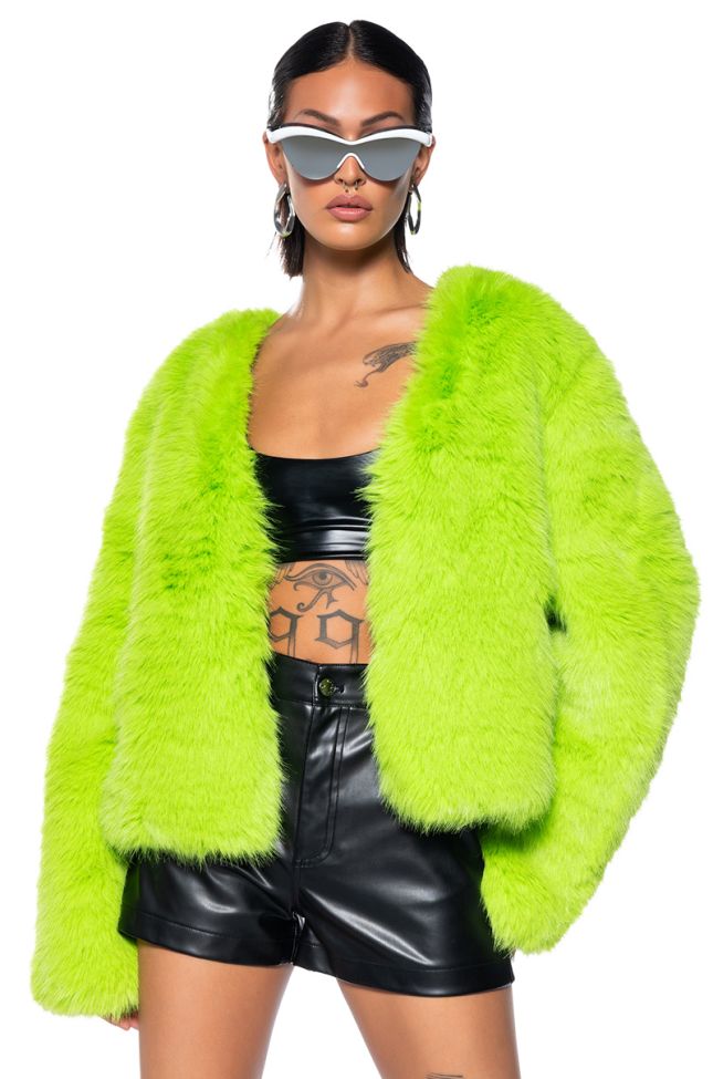 Front View Slime Time Faux Fur Coat