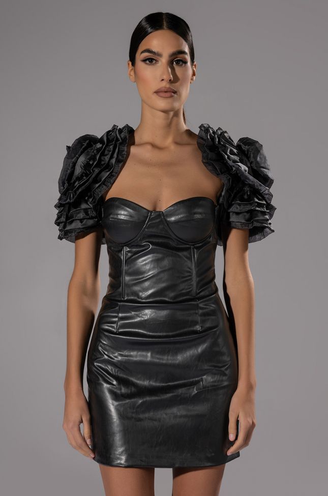 Front View Sloane Shoulder Detail Faux Leather Mini Dress