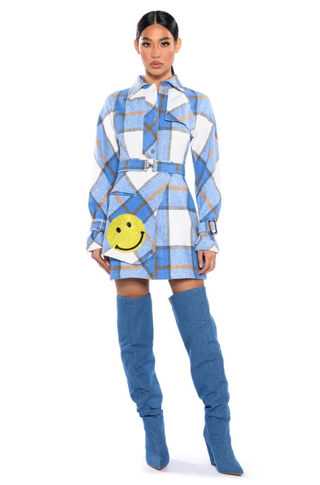 SMILEY EMBELLISHED PATCH FLANNEL TRENCH MINI DRESS