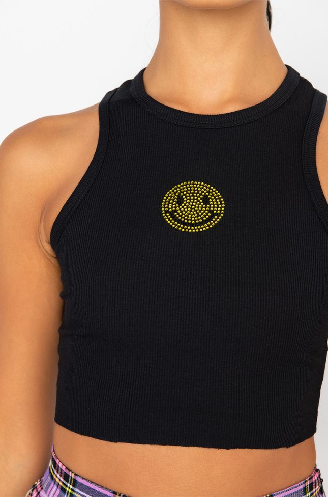 Detail View Smiley Face Cropped Rib Tank in Black
