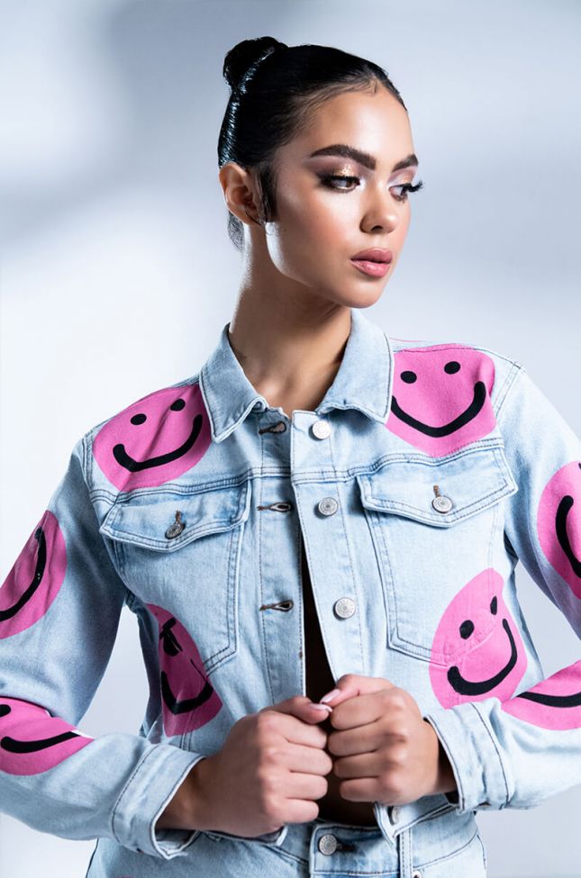 Front View Smiley Face Denim Jacket