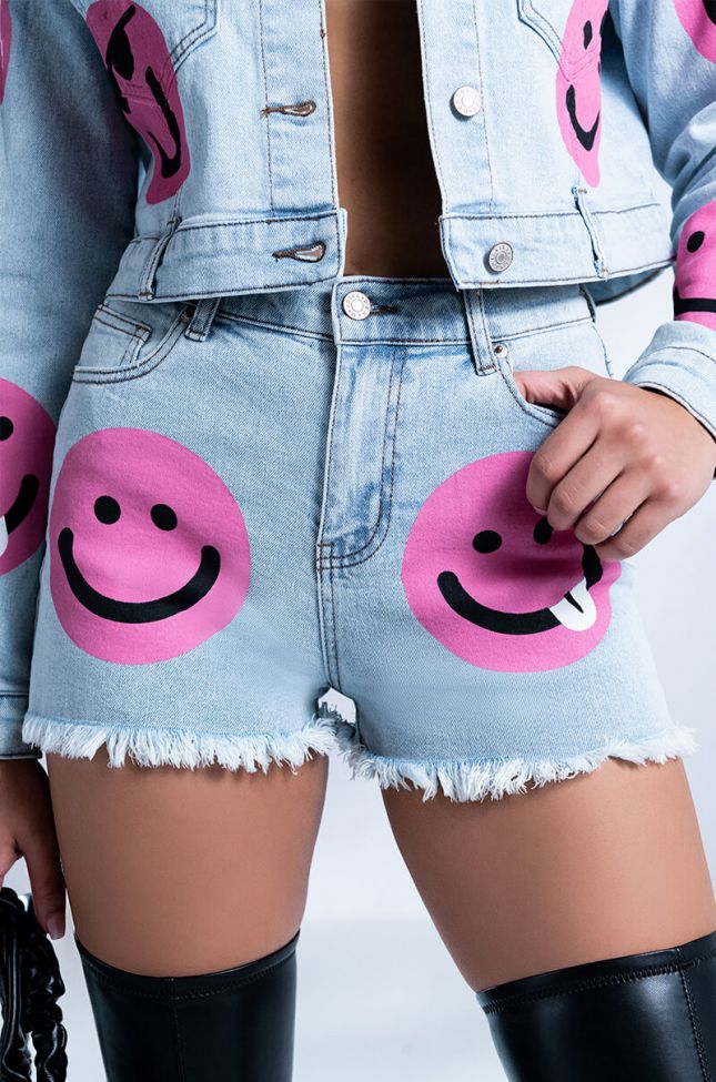 Front View Smiley Face Denim Shorts