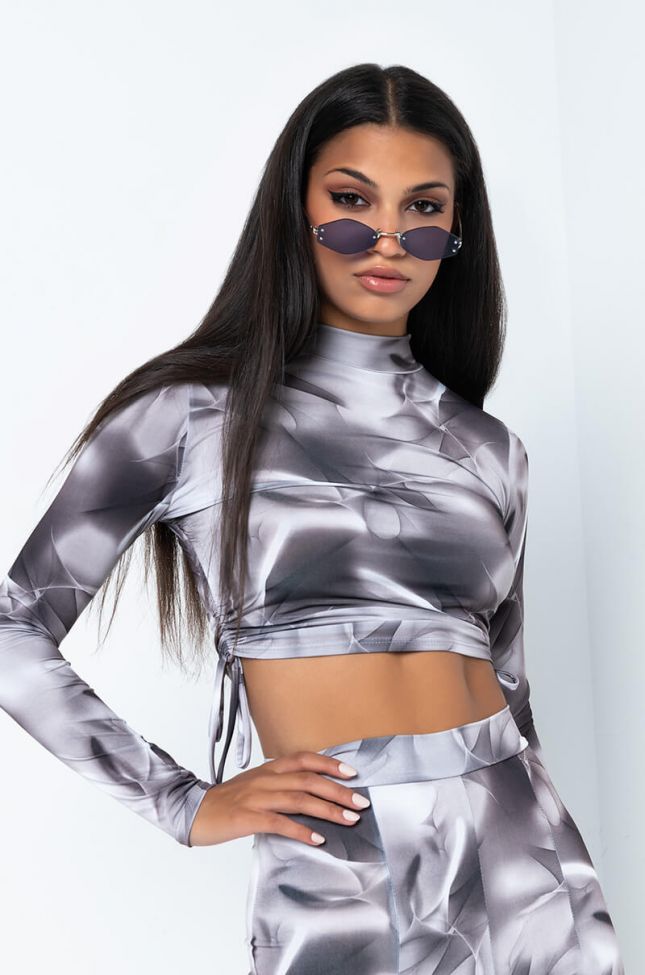 Front View Smoke Me Up Long Sleeve Tie Side Mock Neck Top in Grey
