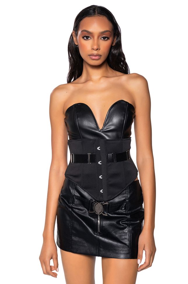 Front View Snatch Me Up Faux Leather Belted Corset Top