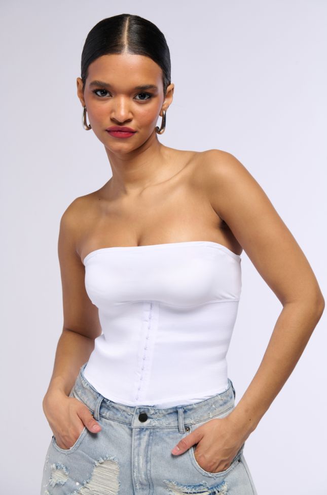 Front View Snatched Corset Strapless Bodysuit In White