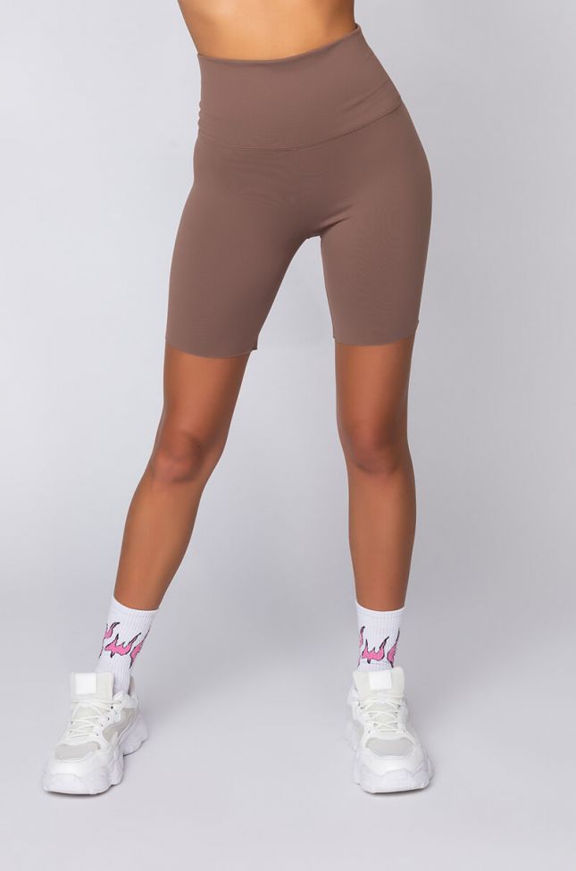 Front View Snatched High Rise Biker Shorts in Brown