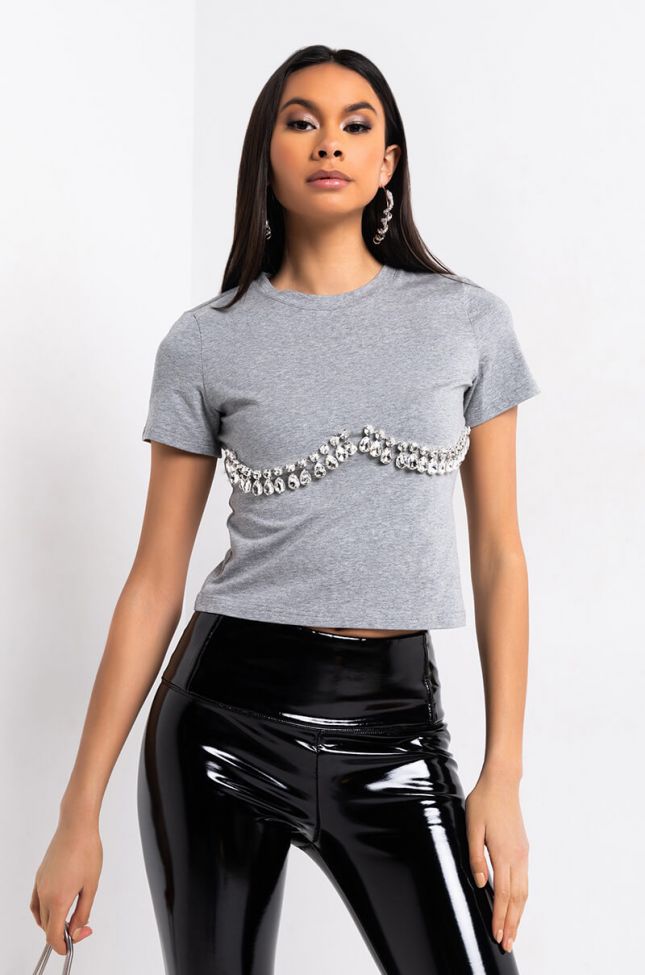Front View Snow Who Rhinestone Cropped T Shirt in Heather Grey