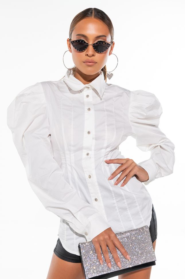 Front View So Fly Button Up Blouse With Fashion Shoulders