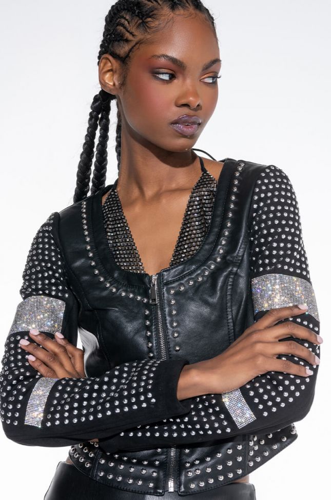 Front View So Obsessed Embellished Arm Love Cut Moto Jacket