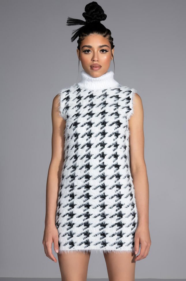 Front View Soft Knit Mini Dress In Houndstooth