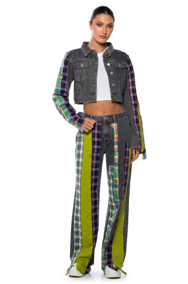 Side View Somethin New Wide Leg Plaid Patchwork Jeans