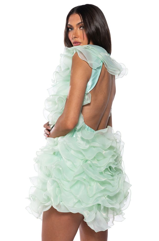 Back View Something Special Ultra Ruffled Backless Mini Dress In Green