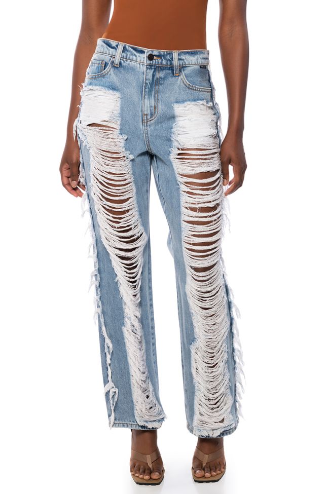 Front View Sophisticated Fun Distressed Fringe Wide Leg Jeans