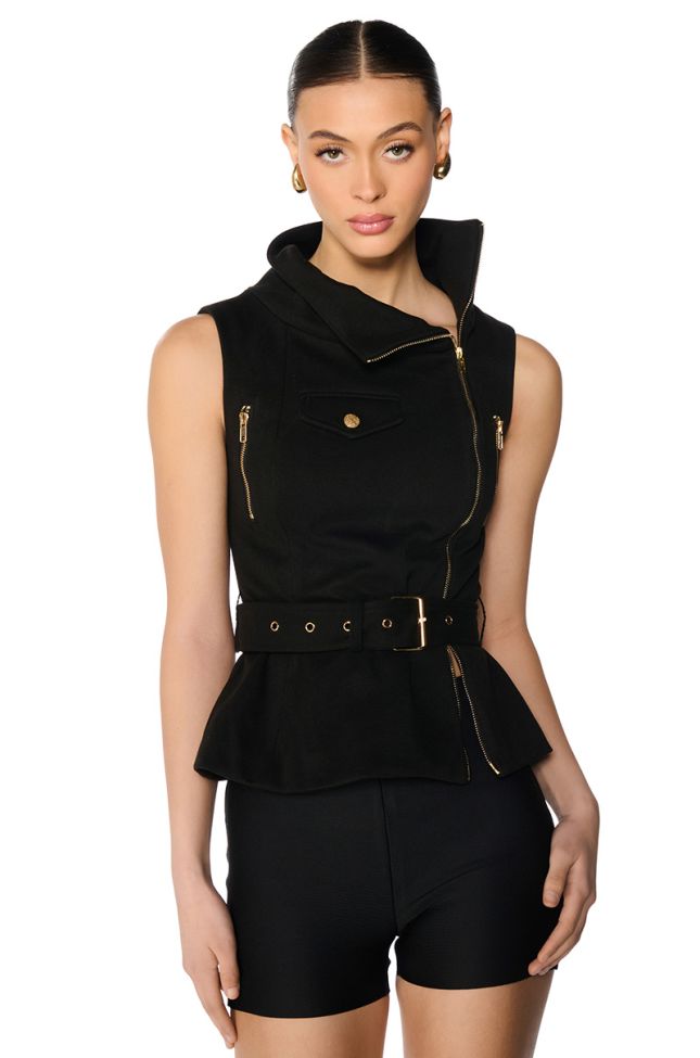 Front View Sophisticated Woman Sleeveless Belted Vest Top
