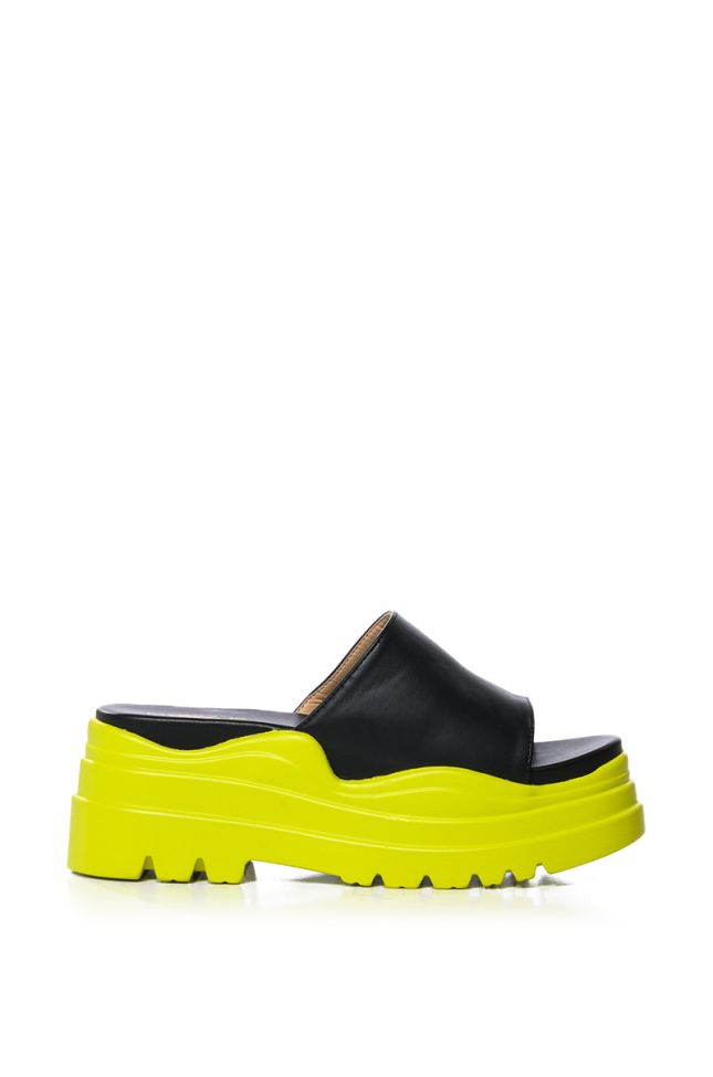 Side View Sour Candy Chunky Slip On Flatform Sandal In Lime