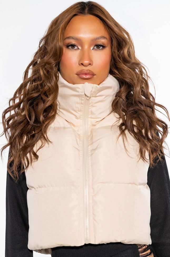 Front View Spacy Kacy Cropped Puffer Vest Ivory