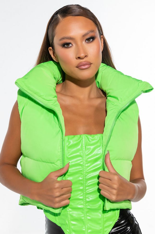 Front View Spacy Kacy Cropped Puffer Vest Neon Green