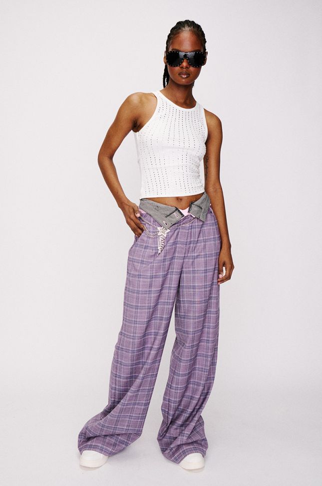 Extra View Special Day Plaid And Pu Wide Leg Trouser