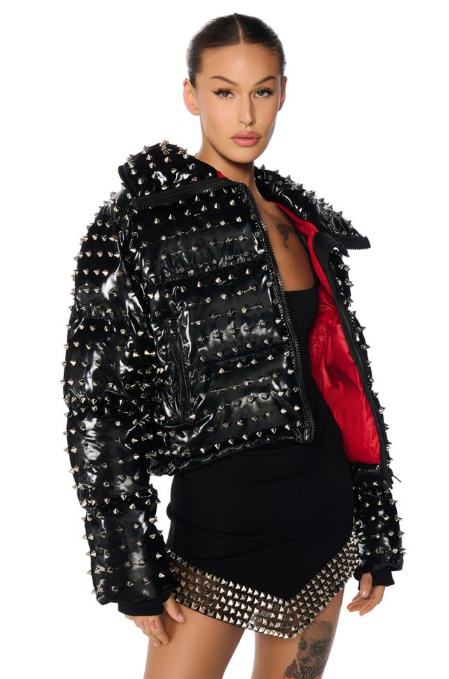 Front View Spikes And All Patent Puffer Coat With Red Lining