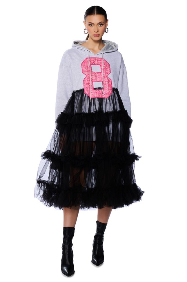 Front View Sporty Chic Tulle Hoodie Dress