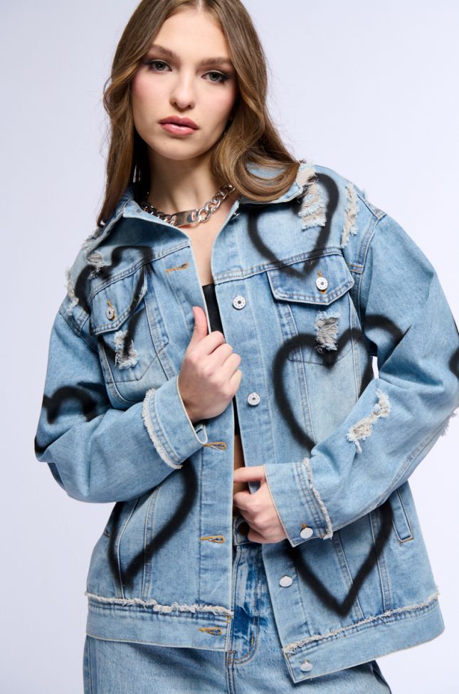 Front View Spray Painted Heart Oversized Denim Jacket