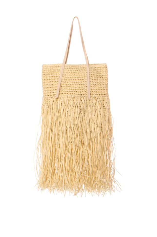 Side View St Bartz Shaggy Straw Tote Bag