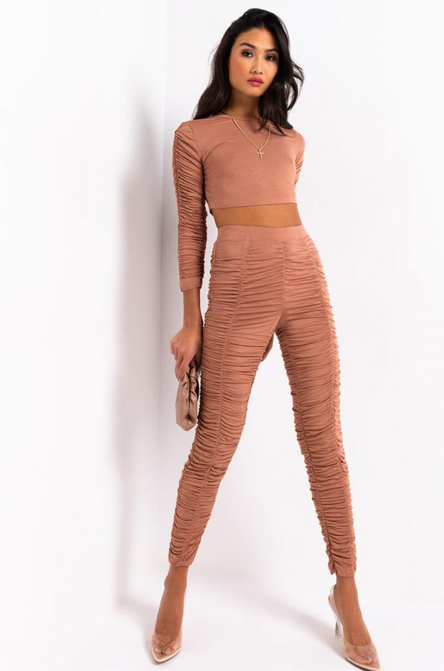  Stack It Up Ruched Long Sleeve Crop Top in Light Brown
