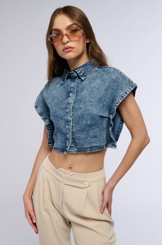 Front View Stand On Business Short Sleeve Denim Collared Top