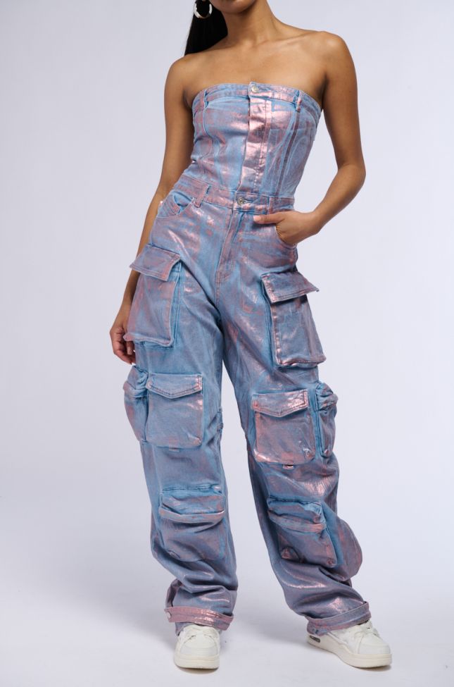 Front View Star Of The Show Metallic Denim Jumpsuit In Rose Gold