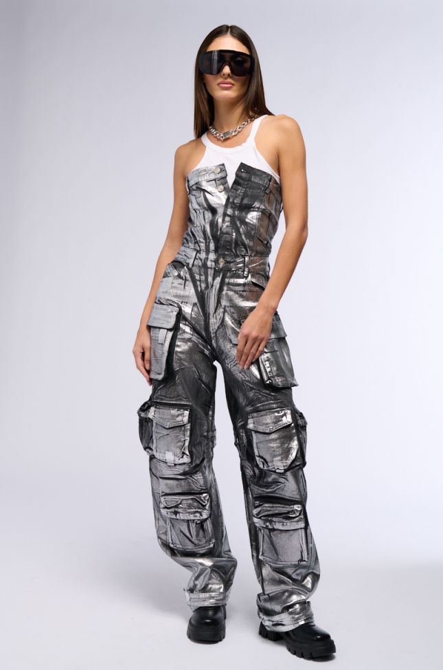 Front View Star Of The Show Metallic Denim Jumpsuit