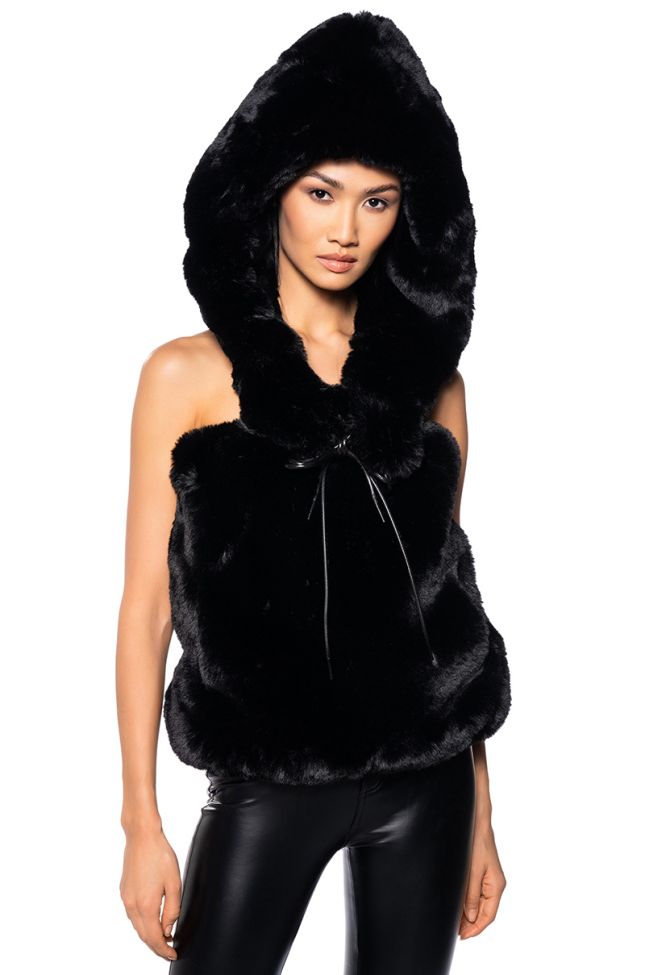 Front View Starstruck Tie Front Faux Fur Top With Hood In Black