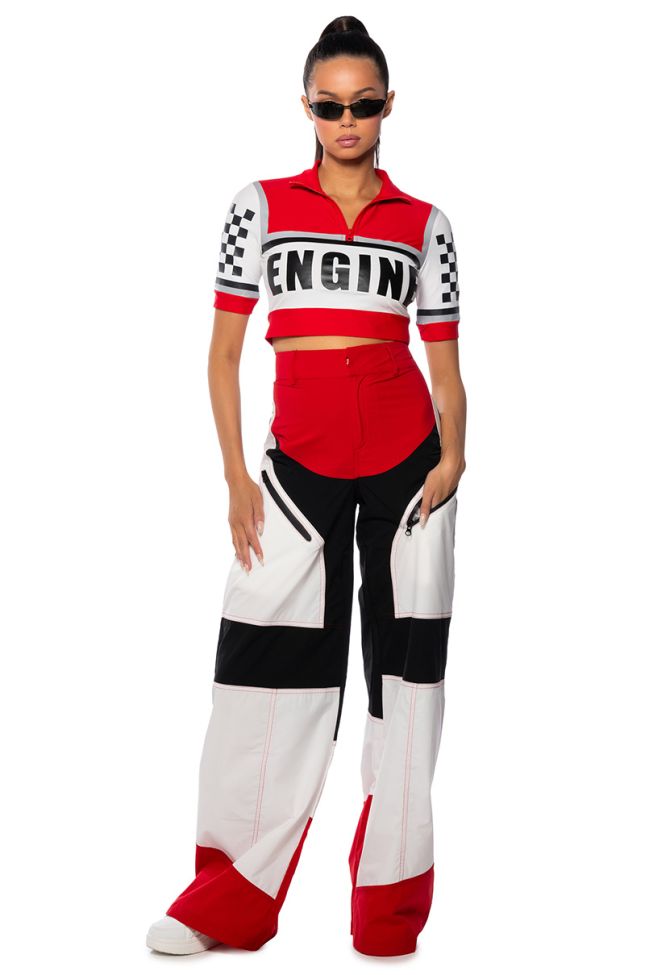 Side View Start Your Engine Wide Leg Cargo Racing Pant