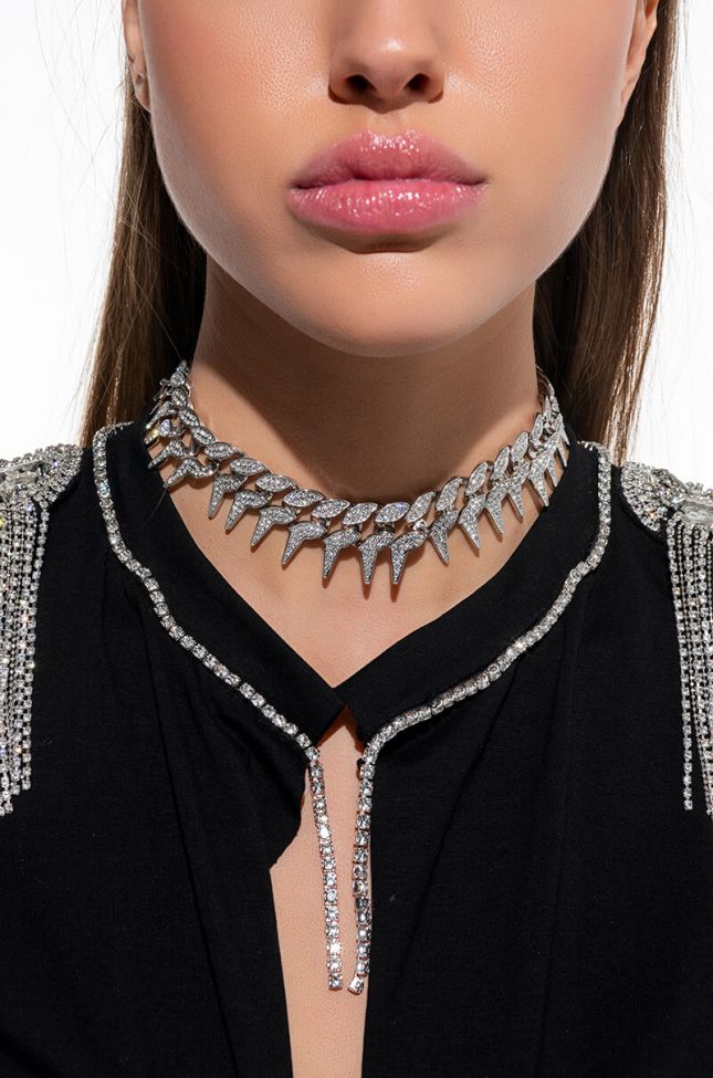 Front View Stay Away Rhinestone Barb Wire Choker