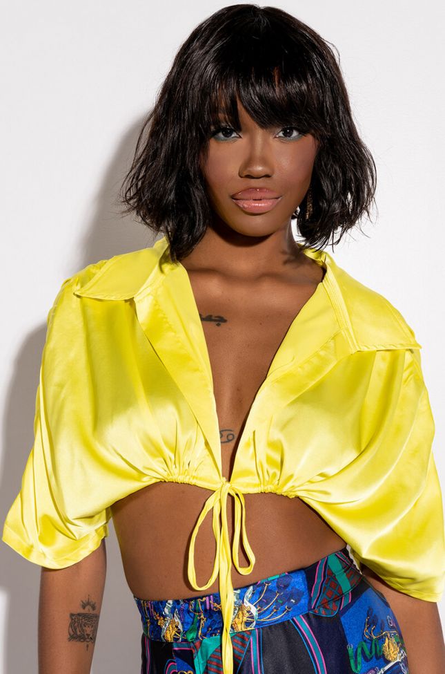 Front View Stay Gold Satin Tie Front Crop Blouse