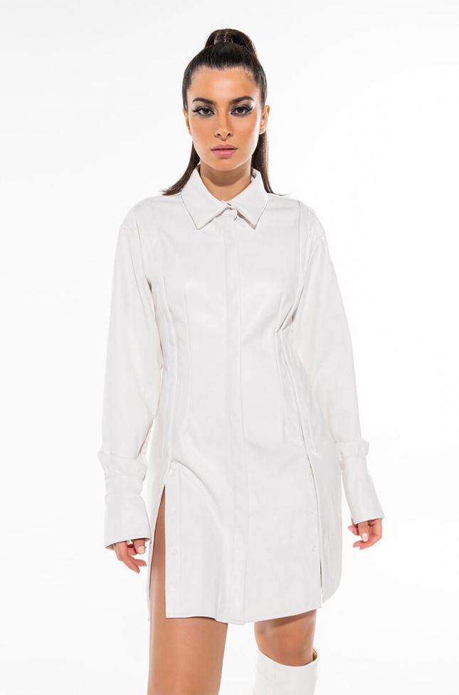 Front View Stealthy Button Front Pu Shirt Dress