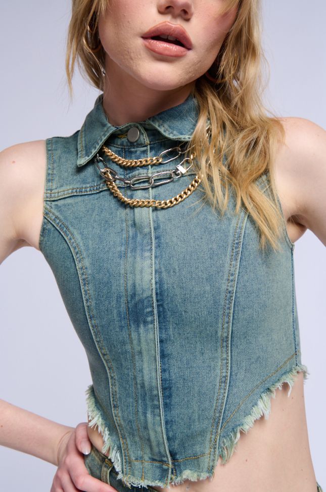 Back View Sterling Sleeveless Denim Collared Top