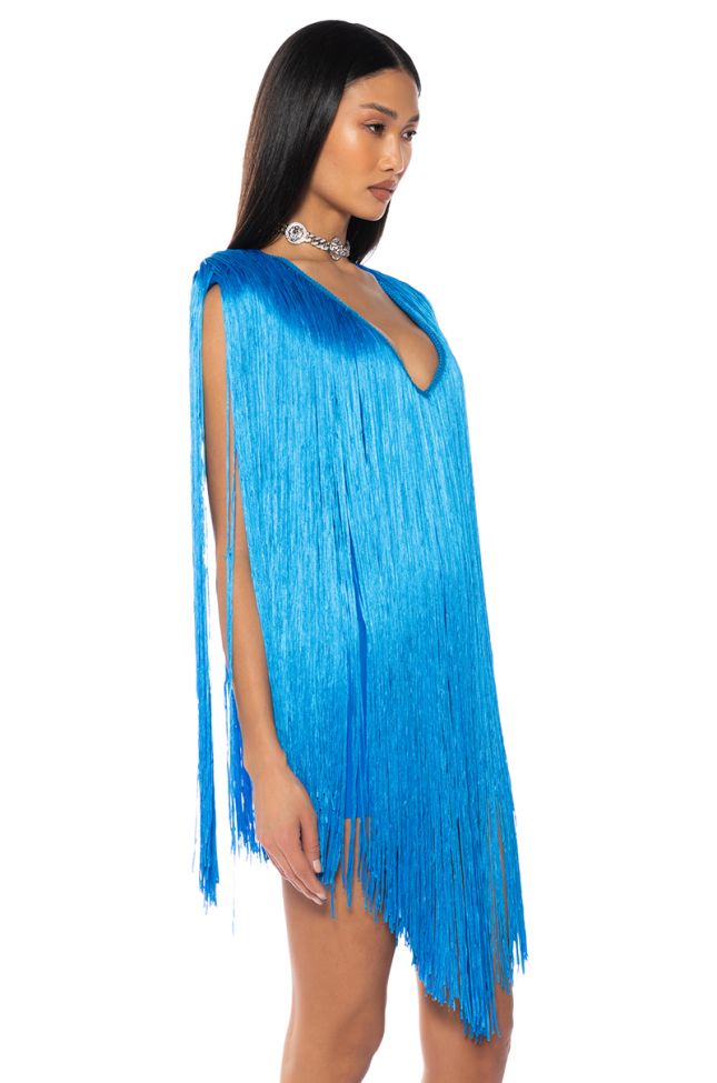 Side View Stevie Deep V Bandage With Fringe Mini Dress In Blue