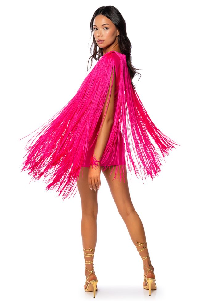 Back View Stevie Deep V Bandage With Fringe Mini Dress In Pink