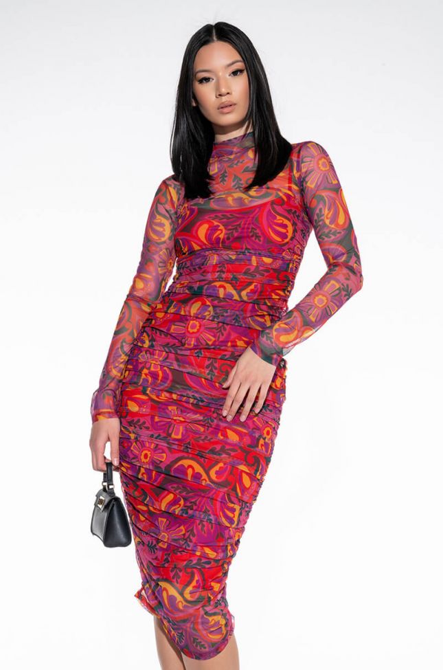Front View Still Your Favorite Ruched Mesh Midi Dress