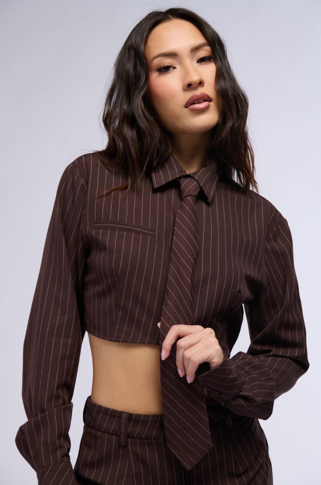Front View Straight To Business Pinstripe Tie Detail Crop Blouse In Brown