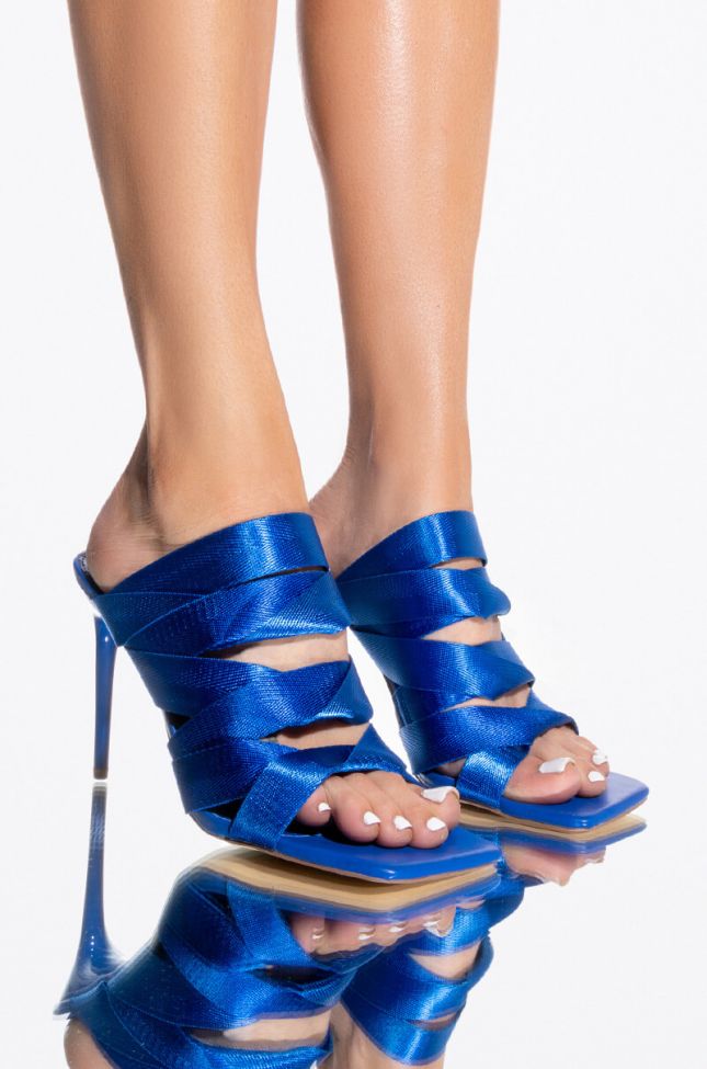 Front View Strap In Stiletto Mule Sandal In Blue